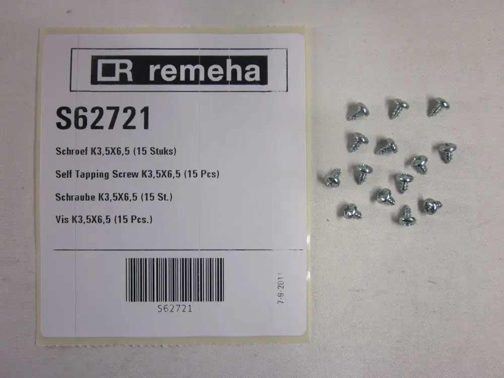 Selbstschrauben in metallischer Ausführung, passend für verschiedene Anwendungen, auf einem Produktetikett der Marke Remeha abgebildet.